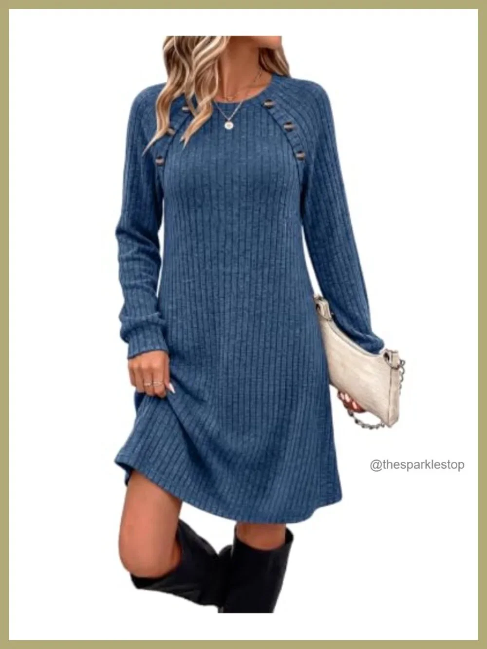 Women's Long Sleeve Ribbed Knit Dress with Pockets, Casual Button Detail